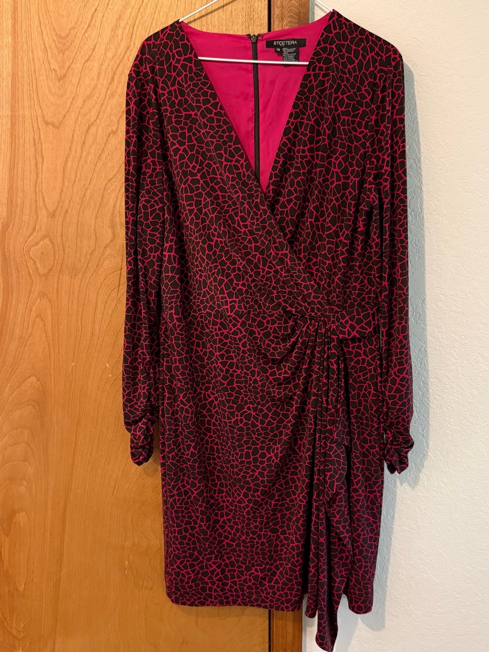 Etcetera Burgundy and Black Printed Long-Sleeve Wrap Dress